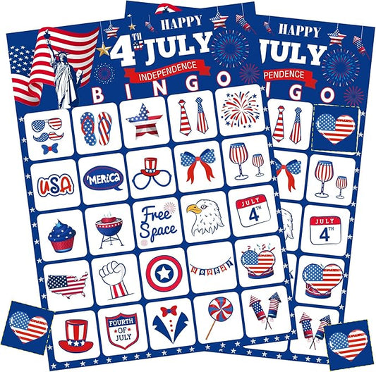 4th of July Games for Kids 4th of July Bingo Cards Red White and Blue Bingo with 24 PCS 4th of July Players Cards Patriotic Games for Adults Children Activities Supplies Favors Decorations