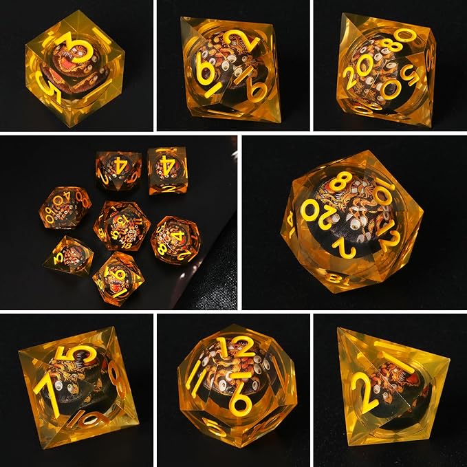 Cthulhu Beholder Polyhedral Resin Dice Set for Dungeons and Dragons Sharp Edge 7 PCS for D&D RPG Starter and Role-Playing Games, with Gift Box (Yellowish-Orange)
