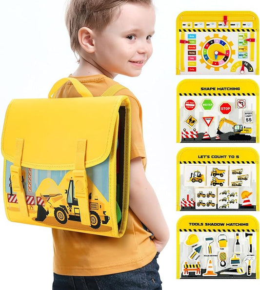 Cokouchyi Toddler Busy Board Backpack Travel, Montessori Toys for 1-4 Year Old Toddlers, First Birthday Gifts for Toddler Girl Age 1-4, Learning Educational Sensory Busy Book for Travel, Truck Cars