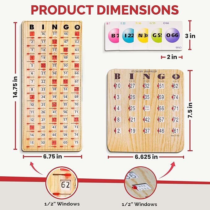 MR CHIPS Jam-Proof Bingo Cards with Sliding Windows, 25 Reusable Shutter Cards, 75 Calling Cards 1 Master Board in Tan Woodgrain Style