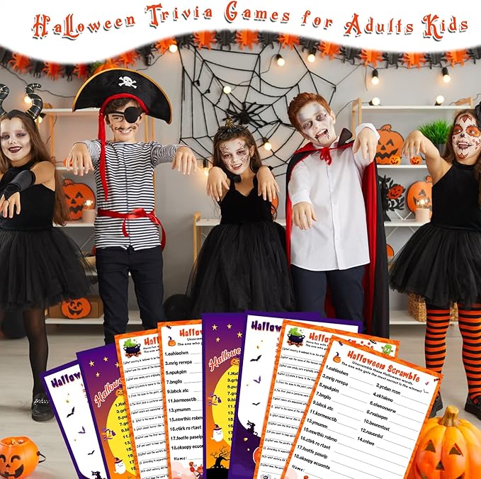 Kathfly 120 Pcs Halloween Games for Adults Include 2 Sets 40 Halloween Games Cards 20 Answer Cards and 20 Pencils, Baby Shower Party Supplies Word Scramble for Adults Groups (Horrible)