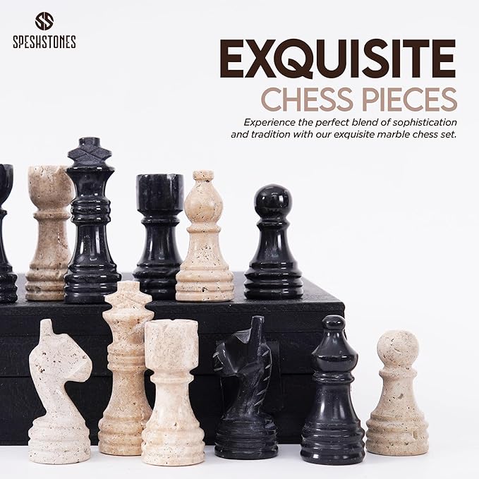 Marble Chess Set 12 Inch Handmade Travertine & Black Board Game with Storage Box, Classic Travel Chess Set for Adults with Pieces & 2 Extra Queens, Elegant Gift & Home Décor