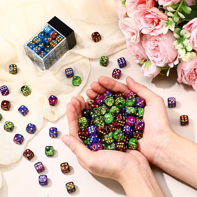144 Pieces 12mm 6 Sided Mini Dice Set for School Classroom Table Games Marble Two Colors D6 Game Standard Dice with Portable Plastic Box for Bunco or Teaching Math Learning (Retro Color)