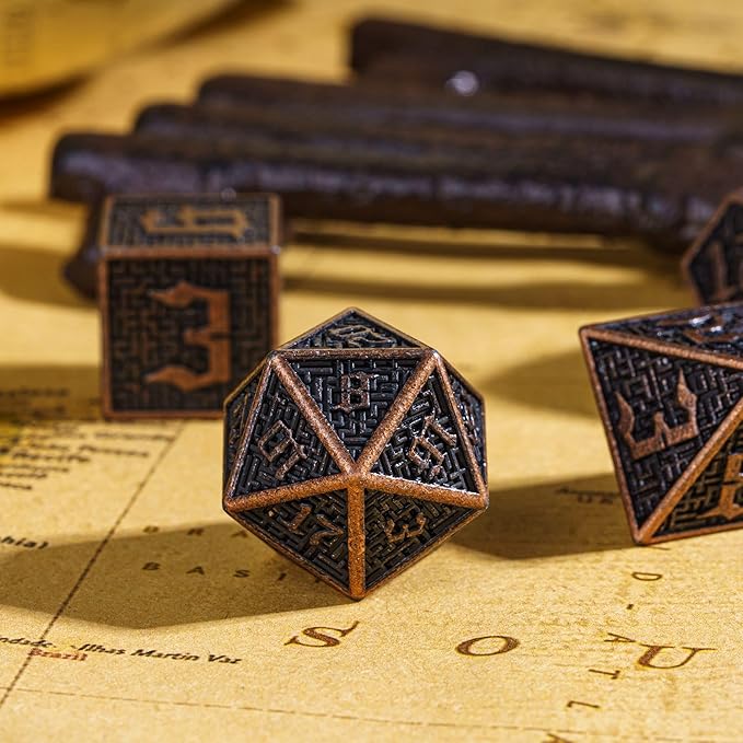 UDIXI Metal DND Dice Maze Carved D&D Dice Set 7PCS Copper Metal Dice with Leather Pouch for Dungeons and Dragons Role Playing Games