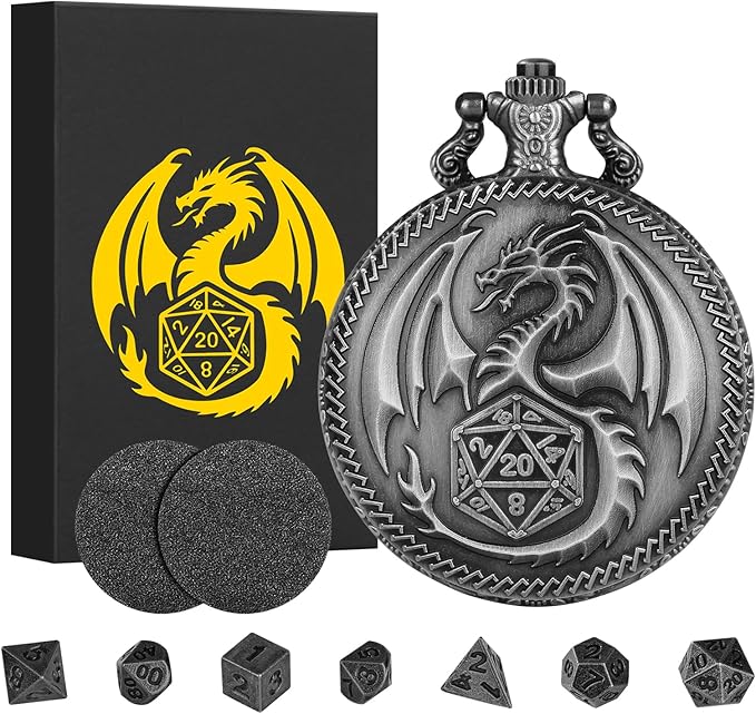 Mini DND Dice Set with Dragon Engraved Pocket Watch Shell Case, 7pcs Polyhedral Metal D&D Dice Set, DND Gifts with Gift Box, Role Playing Board Games Accessories, Dark Silver