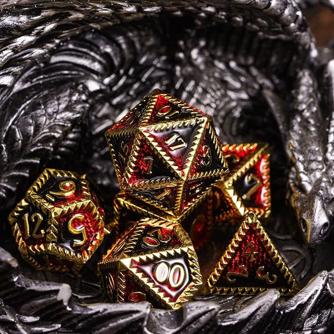 7-Die Metal DND Dice Set, Serrated Design Metal Dice Set 7 Pcs D&D Dice Set for Dungeons and Dragons Role Playing Game(RPG),Pathfinder,Table Game,Board Games(Gold Black Red)