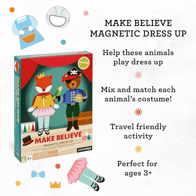 Petit Collage Magnetic Dress Up, Make-Believe Animal Costumes – Game Board with Mix and Match Pieces, Ideal for Ages 3+ – Includes 2 Dolls and 35 Creative Magnetic Pieces