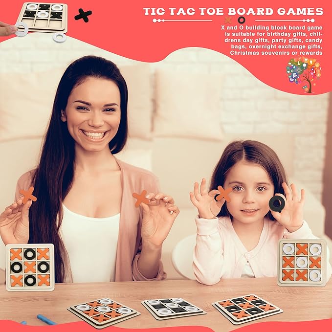 12 Sets Kids Wooden Tic Tac Toe Game XO Wood Board Game Classic Mini Tabletop Game Set for Boys Girls Educational Games Toy Goody Bag Filler Birthday Party Favor