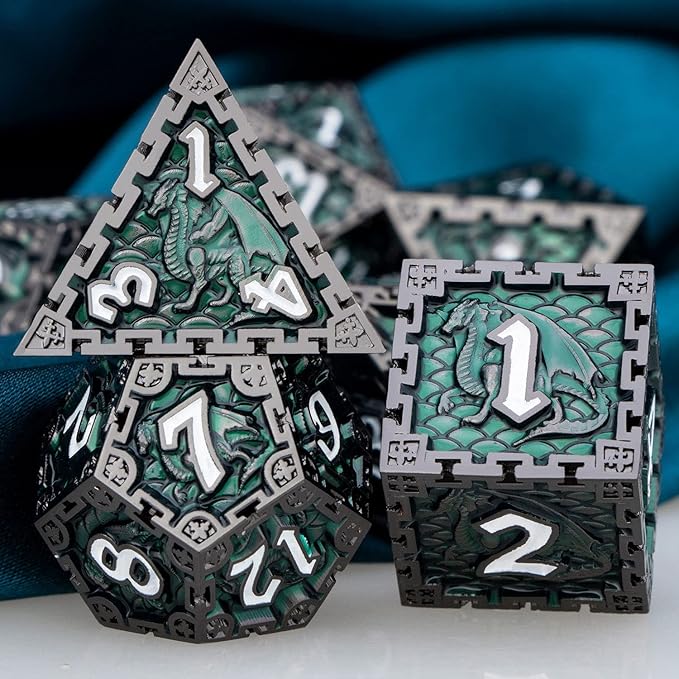 ARUOHHA 7pcs DND Metal Dice Set Polyhedral RPG Role Playing Game D and D Dice with Gift Box, D20 D12 D10 D8 D6 D4 (Green)