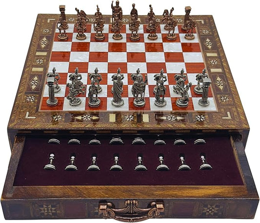 12.6’’ Handmade Walnut Chess Set with Zamak Metal Pieces, Wooden Chess Set with Storage, Birthday Gift for Him, Handmade Chess Gift, for Him (Rome Figure Pieces)