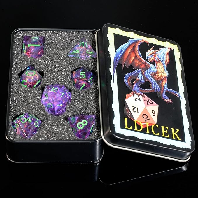DND Dice Set Sharp Edged Dice Set of 7 DND Faceted Dice Golden Numbers and Beautiful Iron Box Perfect for Dungeons & Dragons RPG and Board Game(Purple Green)