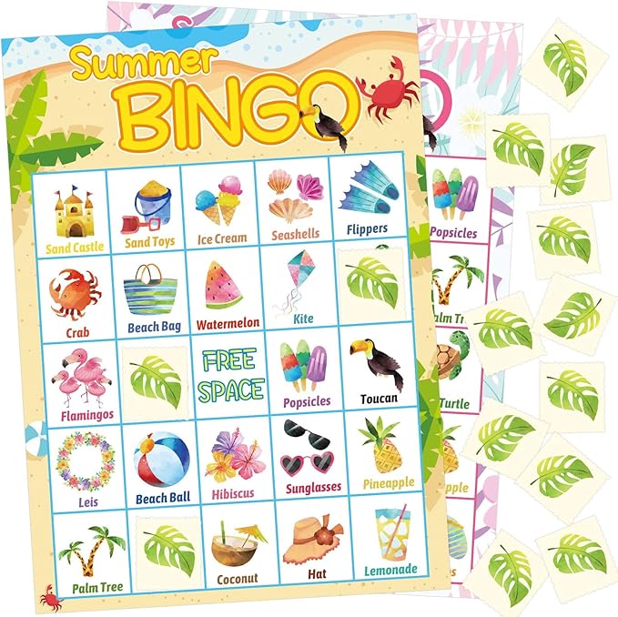 Fancy Land Summer Bingo Game for Kids 24 Players Hawaiian Tropical End of Year Summer Luau Party Favors Supplies