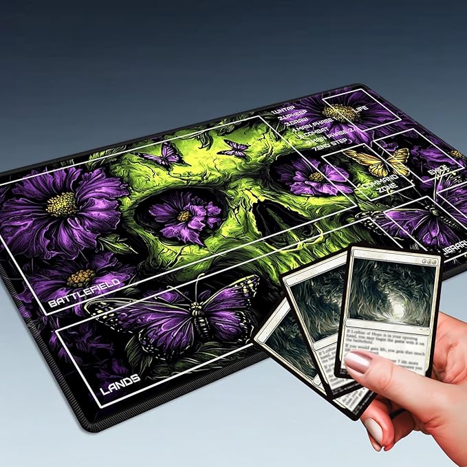 MTG Playmat Size 23.6x13.8in with Storage Bags Portable Playmat TCG and Board Game Mat for Cards Rubber Base Slip-Resistant Mousepad Desk Mat (Green Skull,with Zone)