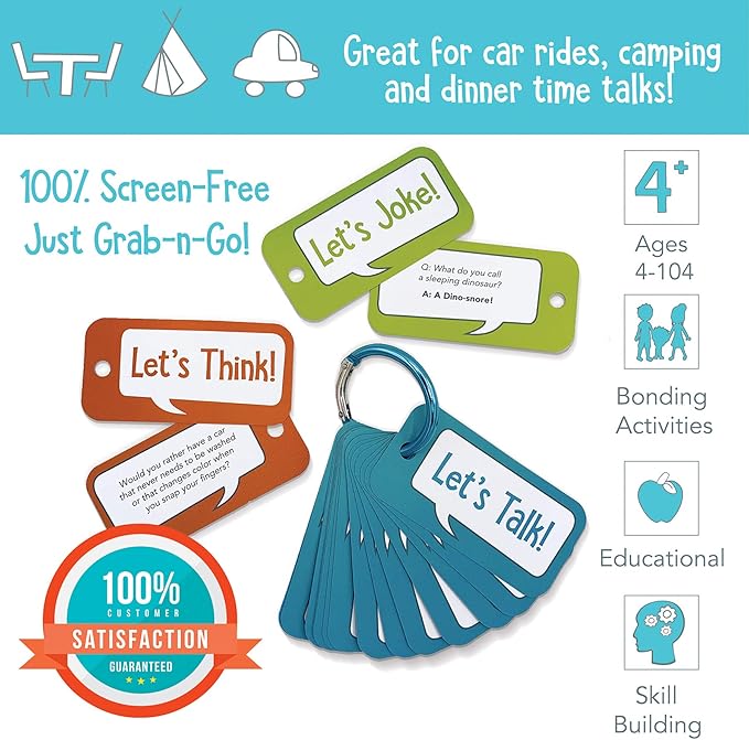 Open The Joy Let’s Chat 3-in-1 Conversation Starters Cards for Kids - Grab and Go Travel Card Games for Car, Airplanes - Talk, Think, Joke Cards - Ages 4+