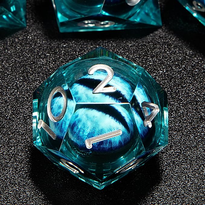 Handmade Resin Dungeons and Dragons Dice Set Dragon Eye Liquid Core Sharp Edges 7 PCS with Gift Box for TTRPG for D&D Fans (Blue-White)