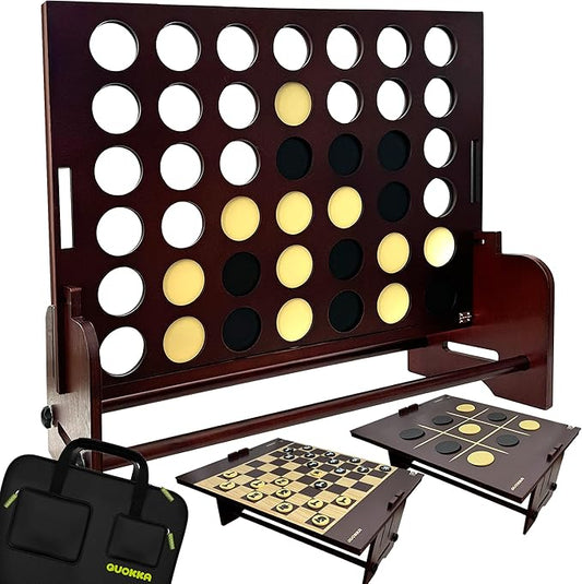 QUOKKA Giant Brown Four in a Row Connect Outdoor Game 4-in-1 SUPERSET - Wooden Jumbo Yard Game for Adults | Backyard Family Party | Big Chess & Checkers | Wooden Tic Tac Toe | All Weather