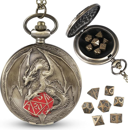 D&D Dice Set,7PCS Metal Dice for Dungeons and Dragons,Mini Dice Set with Pocket Watch Case,Role Playing Board Games Accessories (Dragon-R, Bronze)