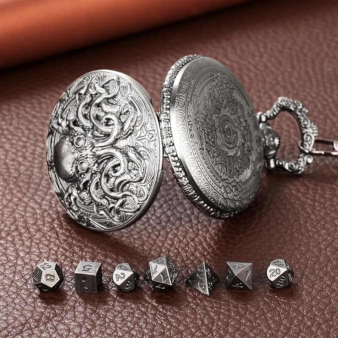 Mini DND Dice Set with Steampunk Double Eyed Octopus Pocket Watch Case, Tiny 7PCS Polyhedral Metal D&D Dice, DND Gifts with Gift Box, Role Playing Game Board Game Accessories Dice, Dark Silver