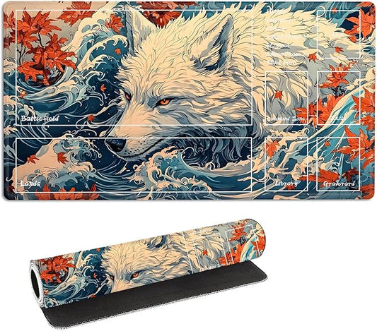 for MTG Playmat with Zones Storage Bag,for TCG Playmat and Playing Card Mat for Magic Board Games, Wolf Maple Leaf Non Slip Stitched Edges Game Mat, Rollable Foldable Card Playmats