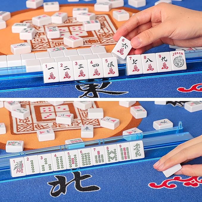 American Mahjong Game Set, 166 Premium White Tiles, 4 All-in-One Color Rack/Pushers, Complete Mahjong Set Blue Carrying Bag