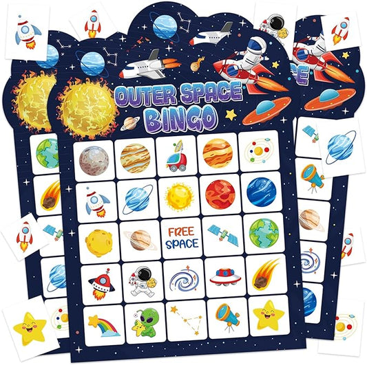 Space Bingo Game, 24 Players Outer Space Bingo Cards for Birthday Party Family Friends Large Group Activities
