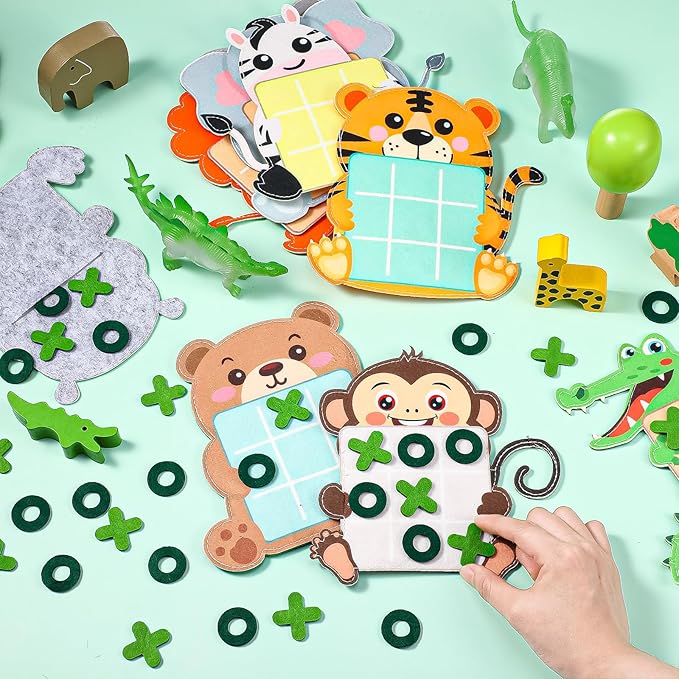 Capoda 24 Pack Jungle Animals Safari Theme Party Favors Tic Tac Toe Strategic Board Game Felt with Storage Bags Jungle Theme Goodie Bags Stuffers for Safari Animal Birthday Party Favor Classroom Prize