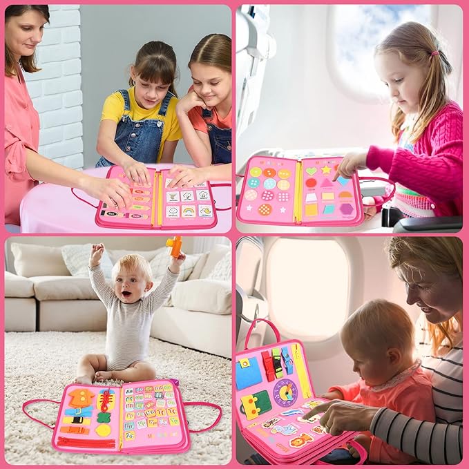 Busy Board, 7 in 1 for 3+ Years Old, 91Pcs Montessori Board to Learn Fine Motor Skills, Sensory Board, Preschool Educational Toys for Toddler Travel - Pink