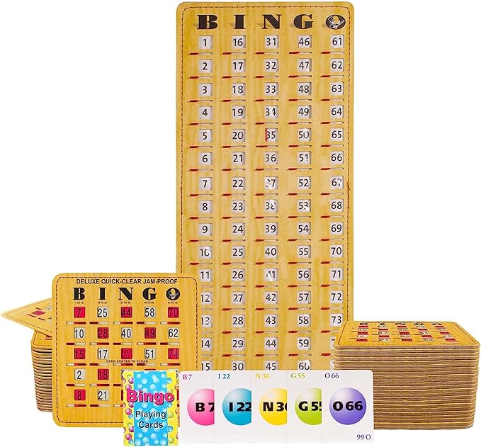 MR CHIPS Jam-Proof Bingo Cards with Sliding Windows, 50 Reusable Shutter Cards, 75 Calling Cards 1 Master Board in Woodgrain Style