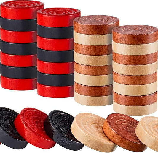 48 Pieces Wooden Checkers 1.06 Inch Wooden Checkers Pieces with Stackable Ridge in Drawstring Storage Pouch Red Black Dark Brown Wood Color (Red, Black, Dark Brown, Natural Color)