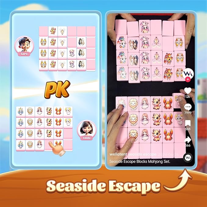 40mm Big Seaside Escape Game Blocks Mahjong Sets with 49 Pink Big Tiles 12 Constellation Pattern with Iron Tin Box.
