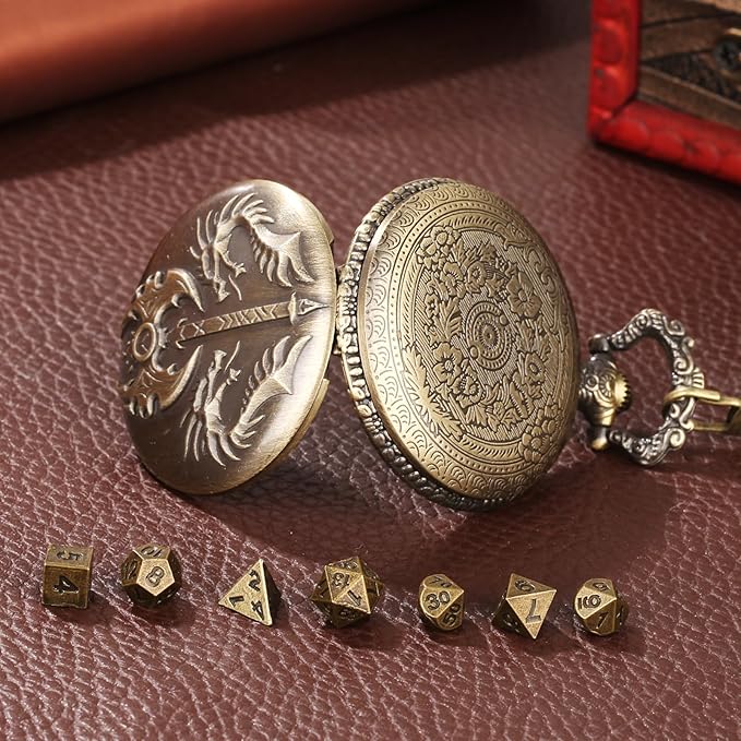 Mini DND Dice Set with Double Headed Dragon(Top Double-Sided Axe) Pocket Watch Case, 7-PCS Polyhedral Metal D&D Dice, DND Gifts with Gift Box, Role Playing Game Board Game Accessories Dice, Bronze