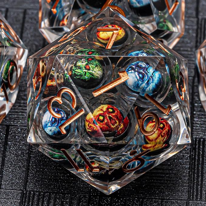 DND Resin Dice Skulls Dice Set 22-32mm Large Sharp Edged Dice with Box, Dungeons and Dragons Polyhedral D&D Role Playing Board Game D&D Dice Set D20 D12 D10 D8 D6 D4(Colorful Skulls)