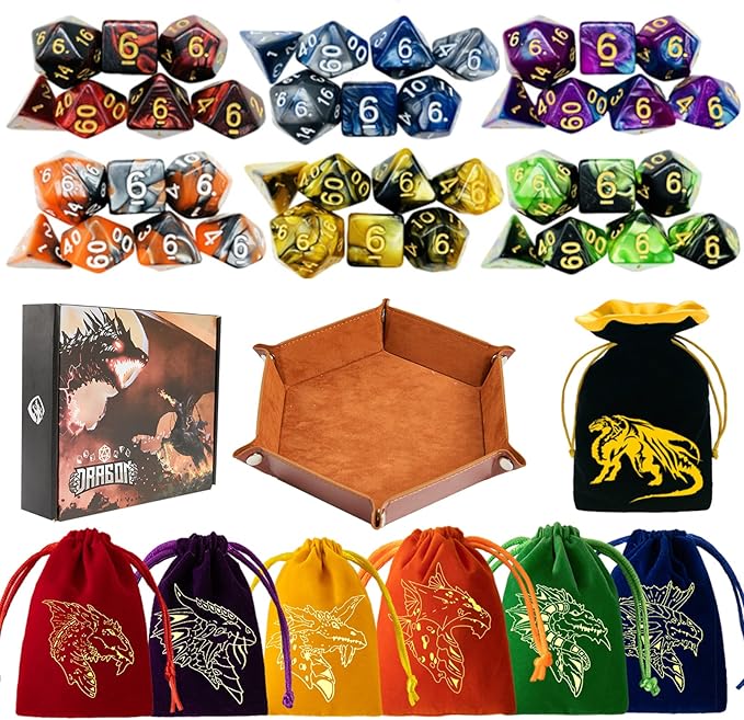 6 Sets DND Dice Polyhedral Dice Dungeons and Dragons Rolling Dice for RPG MTG Table Games Dice Bulk with Free Six Drawstring Bags and PU Leather D&D Dice Tray (Double with Brown Tray)