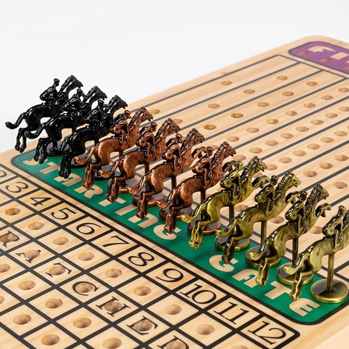 Horse Race Board Game, Horse Racing Board Game with 11 Luxury Metal Horses, 4 Dice, 2 Boxes of Cards, and Thickened Wood Horse Race Game Board