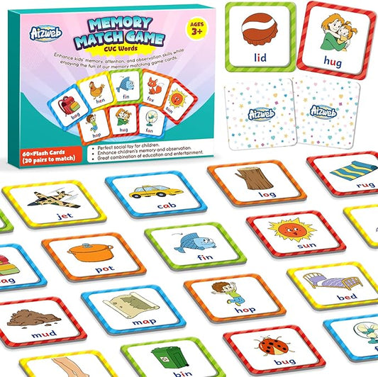 Aizweb CVC Word Match Game - 60 Pc Toddler Card Games for Kids Ages 3-6, Phonics Flash Cards for Preschool & Kindergarten Learning Activities, Educational Toys for Home School Supplies