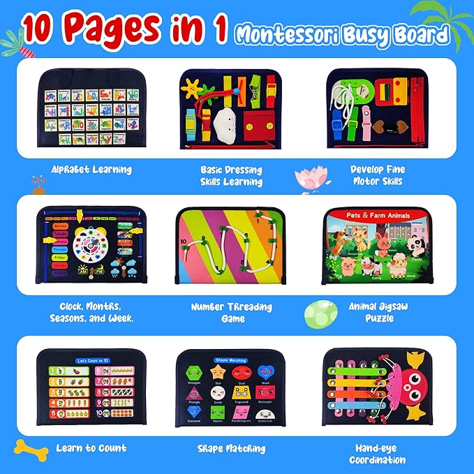 TenFans Busy Board - Montessori Toys for 1 2 3 4 Year Old - Sensory Toys for Toddlers 1-4 - Gifts for Boys Learning Fine Motor Skills - Educational Activities Travel Toys for Car Airplane