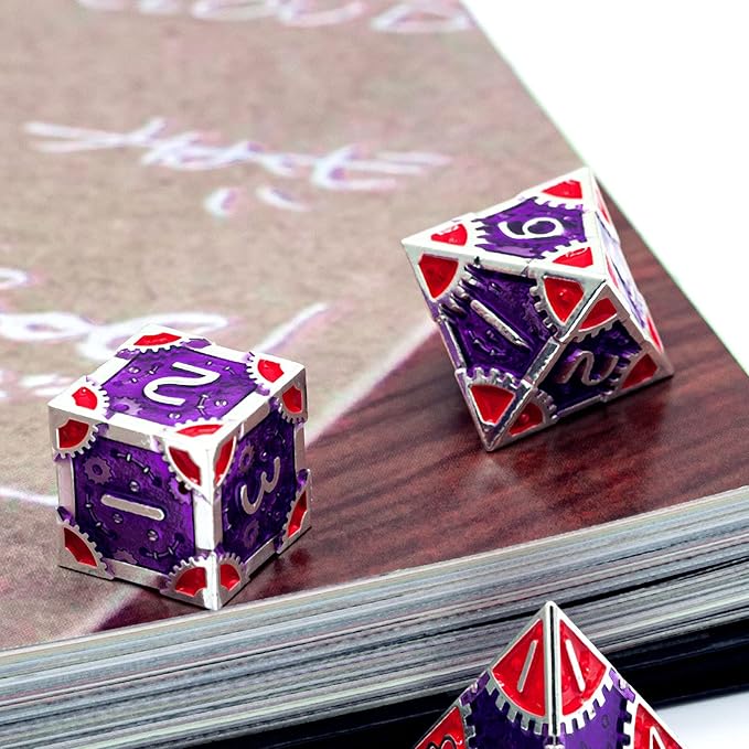 UDIXI Steampunk Style Metal Dice Set 7 Die Polyhedral DND Dice Set D&D Dice for Dungeons and Dragons Role Playing Game and Math Teaching (Silver-Purple Red)