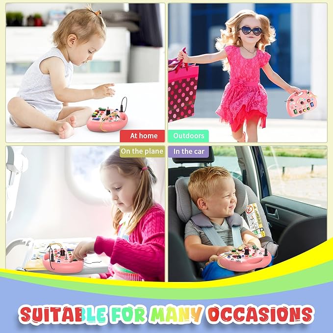 Toddler Busy Board with Led Light Switch, Travel Sensory Board Montessori Toddlers Fat Brain Toys 1-2 Year Old, Baby Educational Activities Travel Essential Toys Ideal Christmas & Birthday Gift (Pink)