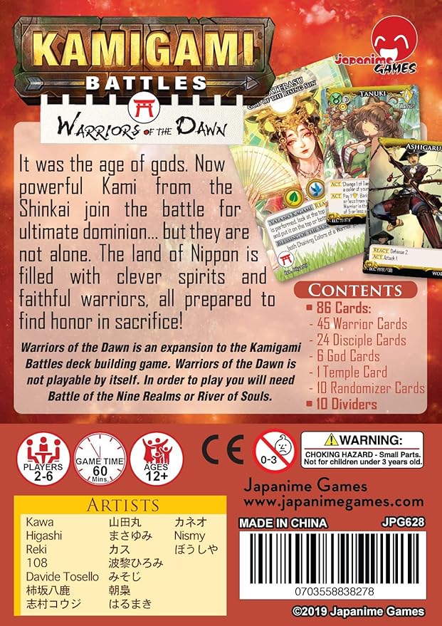 Japanime Games Kamigami Battles: Warriors of The Dawn | Pick Your Favorite God/Goddess and Fight for Your Favorite Pantheon | Deck-Building Card Game | 2-6 Players | Age 12+ | 45 min Play Time