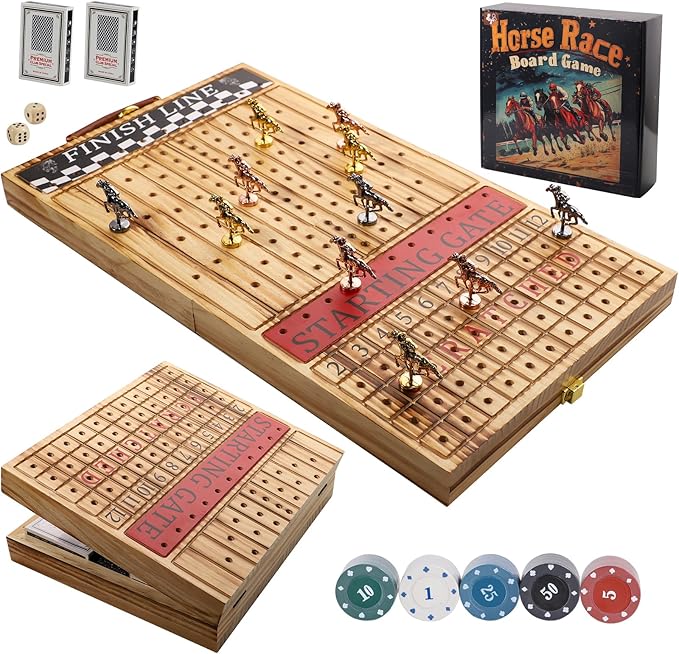 Wooden Finish Line Horse Racing Board Game Equipped with 11 Luxury Metal Craft Horses Adult Chessboard Including 2 Dice and 2 Boxes of Cards Folding Box Game Board (Light Flame)