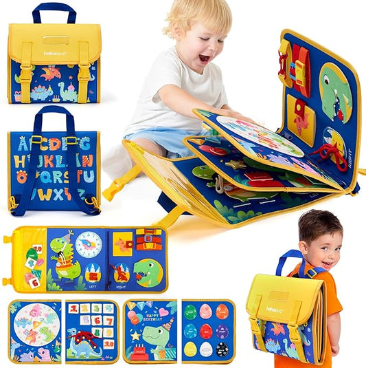 hahaland Toddler Toys Busy Board 1-4, Montessori Toys for Ages 2-4, Boy Birthday Gift 18 in 1 Preschool Learning Activities with 12 Life Skills-Numbers,String Beads,Shapes,Colors,Puzzles,Alphabet