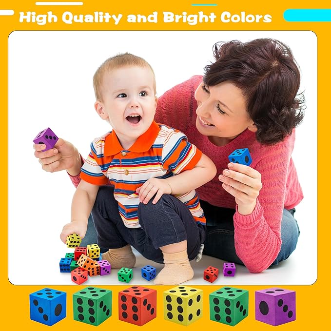60 Pack 1.5 Inch Colored Foam Dice Set Large Colorful Dice Cubes with Number Dots Soft Dice Building Education Toys for Kids Math Goodie Bag Fillers Gifts Adults Fun Party Games, 6 Colors
