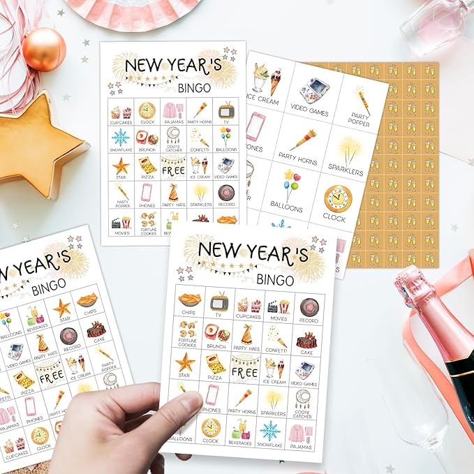 New Year's Bingo Card Set - 24 Players, Happy New Year Activities for Family Party, 5x7 inches Bingo Game Kit, Friends Bingo Game New Year Activities Supplies, Festival Gift for Adult Teen -01