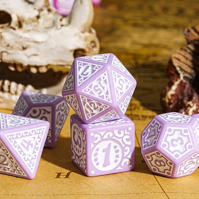 7-Die DND Dice Set New Pattern Polyhedral Dice Set with Leather Bag D&D Dice Set for Dungeons and Dragons RPG MTG Table Games(Purple White)