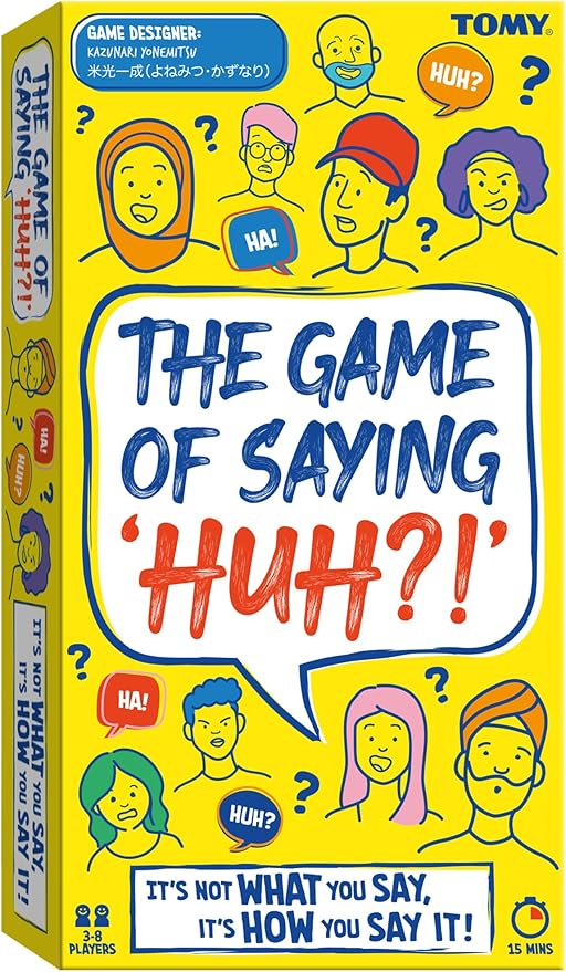 TOMY The Game of Saying 'Huh?!' - Voice Impressions Card Games - Funny Party Game of Acting and Guessing - Family Board Games for Adults and Kids - 3-8 Players - Ages 8 Years and Up