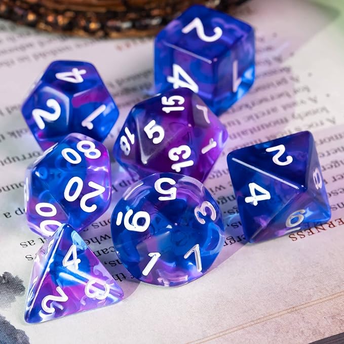 7-Die DND Dice Set Polyhedral Dice Set with a Leather Dice Bag, D&D Dice Set for Dungeons and Dragons, RPG, MTG Table Games (T/Purple Blue)