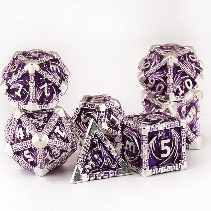 DND Dice Metal Dragon Set,Unique Dragon Design Dice with Gift Dice Bag for Dungeons & Dragon Games,Magic The Gathering,D and D D&D Dice Set (Silver Purple)