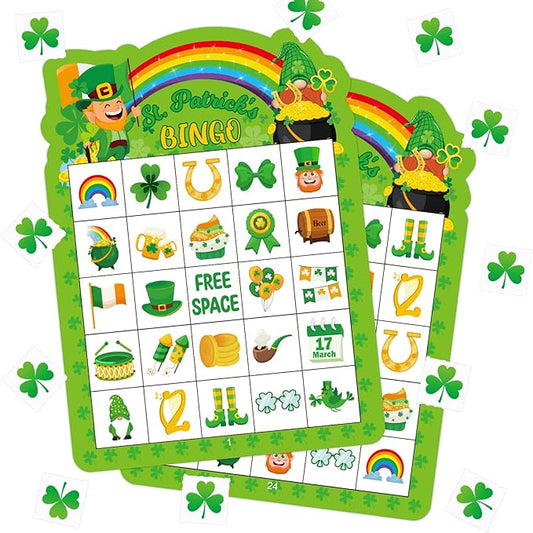 24 Players St Patrick's Day Bingo Game Cards for Kids Irish Green Shamrock Party Bingo Game St Patrick Classroom Family Activity Party Favors for Kids