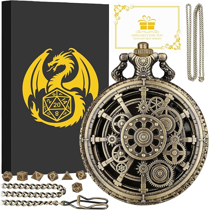 Mini DND Dice Set with Steampunk Hollow Gear Pocket Watch Shell Case, 7pcs Polyhedral Metal D&D Dice, DND Gifts with Gift Box for DND Fans, Role Playing Board Games Accessories