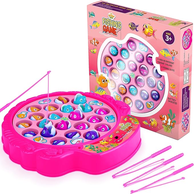 Fishing Game Play Set - 21 Fish, 4 Poles, & Rotating Board w/On-Off Music - Family Children Backyard Pink Toy Games for Kids and Toddlers Age 3 4 5 6 7 Girls and Up